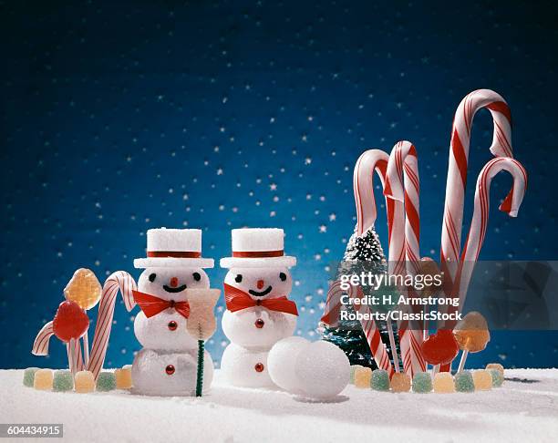 1960s CHRISTMAS CANDY CANES GUMDROPS SNOWMAN STILL LIFE