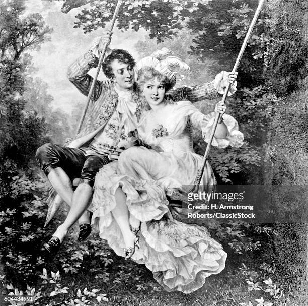1700s ROMANTIC COUPLE MAN & WOMAN LOVERS ON SWING IN GARDEN