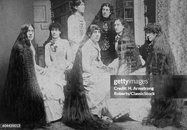 1880s SEVEN SUTHERLAND SISTERS SINGING GROUP WOMEN WITH BIZARRE LONG HAIR EXHIBITED CIRCUS SIDESHOWS AND SOLD HAIR TONIC NY USA