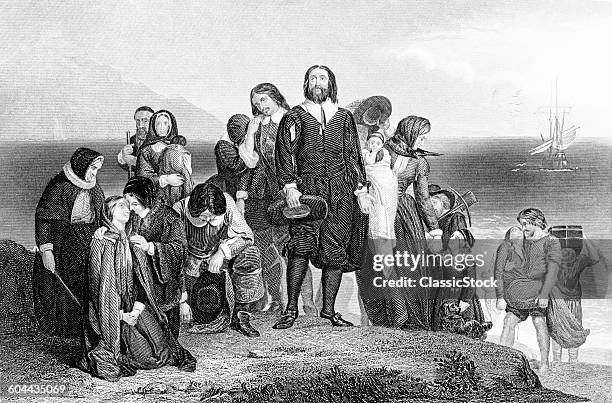 1620s FIRST LANDING OF MAYFLOWER PILGRIMS LEAD BY MYLES STANDISH NOVEMBER 9 1620 PLYMOUTH BAY COLONY MUS