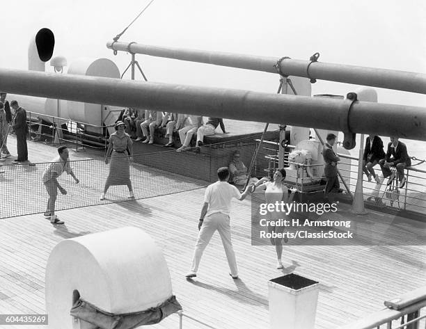 1930s 1938 SS EUROPE TRANSATLANTIC OCEAN LINER PASSENGERS PLAYING GAME ON DECK