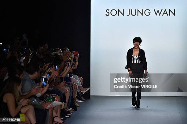 Fashion designer Son Jung Wan walks the runway at the Son Jung Wang Ready to Wear Spring Summer 2017 fashion show during New York Fashion Week on...