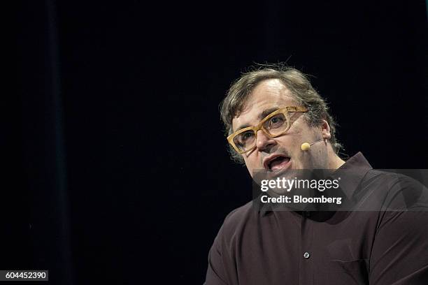 Reid Hoffman, chairman and co-founder of LinkedIn Corp., speaks during a Bloomberg Television interview at the TechCrunch Disrupt San Francisco 2016...