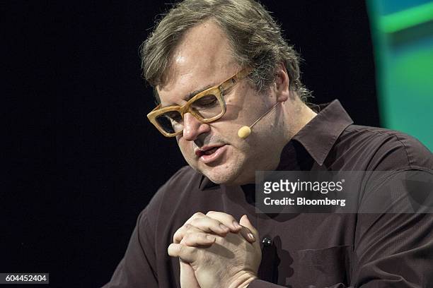 Reid Hoffman, chairman and co-founder of LinkedIn Corp., speaks during a Bloomberg Television interview at the TechCrunch Disrupt San Francisco 2016...