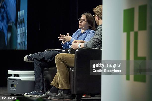 Melonee Wise, chief executive officer of Fetch Robotics Inc., speaks during the TechCrunch Disrupt San Francisco 2016 Summit in San Francisco,...