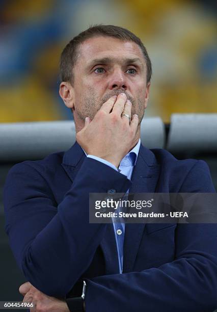 The FC Dynamo Kyiv manager Serhiy Rebrov looks on prior to the UEFA Champions League Group B match between FC Dynamo Kyiv and SSC Napoli at the NSK...