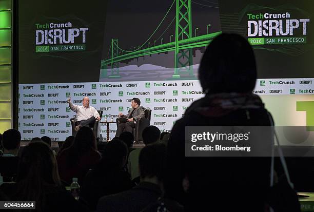 Marc Andreessen, co-founder and general partner of Andreessen Horowitz, left, speaks during the TechCrunch Disrupt San Francisco 2016 Summit in San...