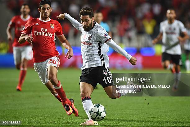 Besiktas' midfielder Olcay Sahan vies with Benfica's forward Goncalo Guedes during the UEFA Champions League football match SL Benfica vs Besiktas JK...