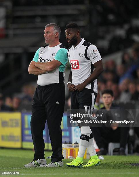 Derby County's Manager Nigel Pearson brings on Darren Bent during the Sky Bet Championship match between Derby County and Ipswich Town at the iPro...