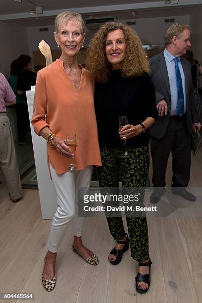 Paulene Stone and Nicole Farhi attends a private view of 'The Human Hand', a new exhibition of sculptures by Nicole Farhi, at Bowman Sculpture on...