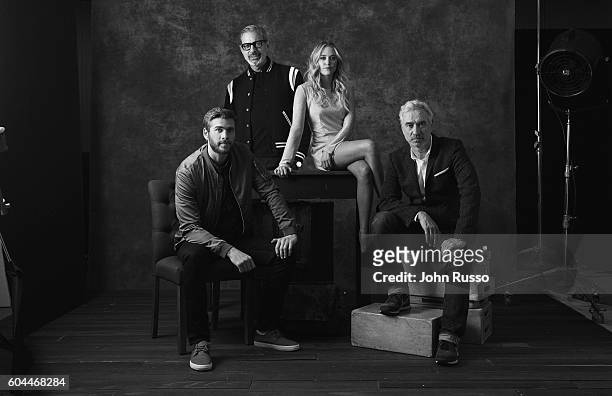 Actors from Cast of Independece Day: Resurgence Liam Hemsworth, Jeff Goldblum, and Maika Monroe are photographed with filmmaker Roland Emmerich f for...