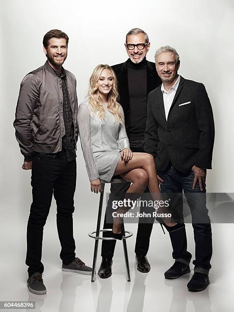 Actors from Cast of Independece Day: Resurgence Liam Hemsworth, Jeff Goldblum, and Maika Monroe are photographed with filmmaker Roland Emmerich f for...