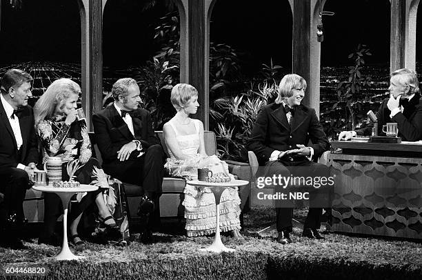 Pictured: Actor John Wayne, actress Ann-Margret, Harvey Korman actress Sandy Duncan, actor Christopher Mitchum during an interview with host Johnny...