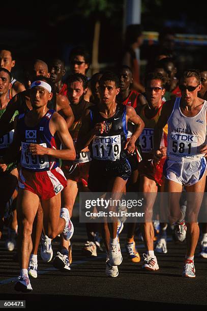 Khalid Khannouchi of of the United States running during the Men's Marathon Event for the IAAF World Championships at the Commonwealth Stadium in...