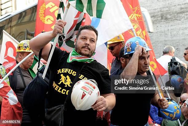 Former Alcoa workers, of Portovesme in Sardinia, protesting at the Ministry of Economic Development, to ask the Government Renzi to say what his...