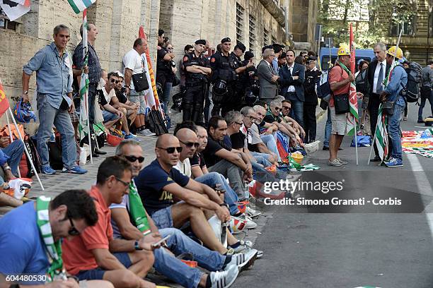 Former Alcoa workers, of Portovesme in Sardinia, protesting at the Ministry of Economic Development, to ask the Government Renzi to say what his...