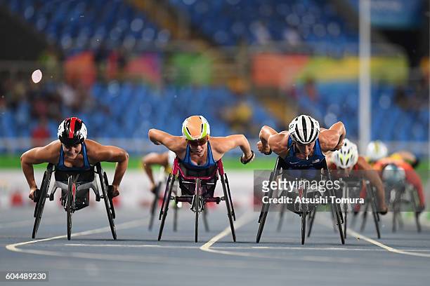 Chelsea McClammer, Amanda McGrory and Tatyana McFadden of the United States compete in the Women's 1500m - T54 Final on day 6 of the Rio 2016...