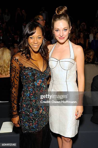 Actresses Nikki James and Laura Osnes attend the Dennis Basso SS17 fashion show during New York Fashion Week at The Arc, Skylight at Moynihan Station...