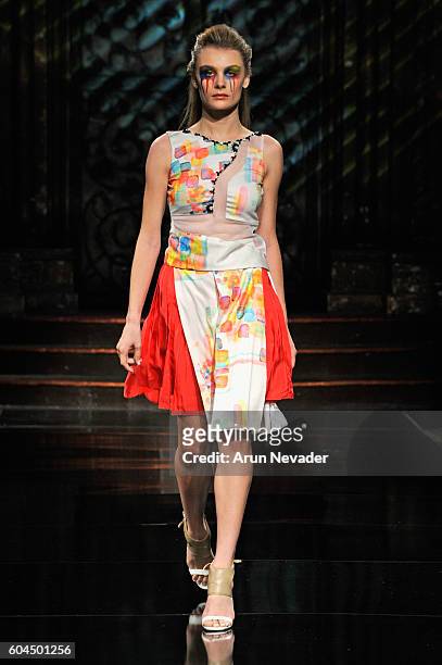 Model walks the runway wearing Trompeloeil at Art Hearts Fashion NYFW The Shows presented by AIDS Healthcare Foundation at The Angel Orensanz...