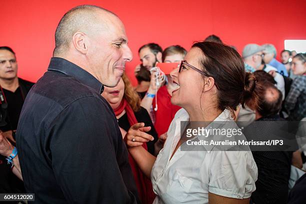 Greek Economist and Politician, Yanis Varoufakis and Green candidate for the French Presidential Election in 2017, Cecile Duflot attend the 'Festival...