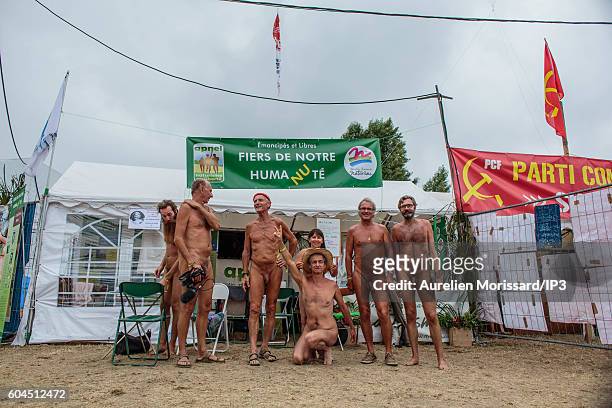 General view of a nudist group present at the 'Festival de l humanite', a festive and political event organized annually by the French national daily...