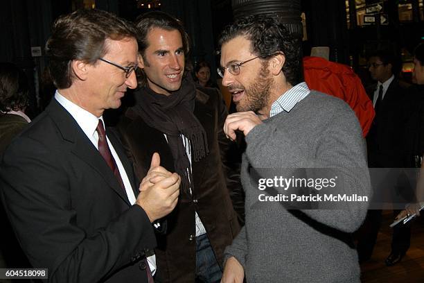 Thaddeus Ropac, Pierre Pelegry and Tom Sachs attend FONDAZIONE PRADA party for TOM SACHS at PRADA Epicenter on November 13, 2006 in New York City.