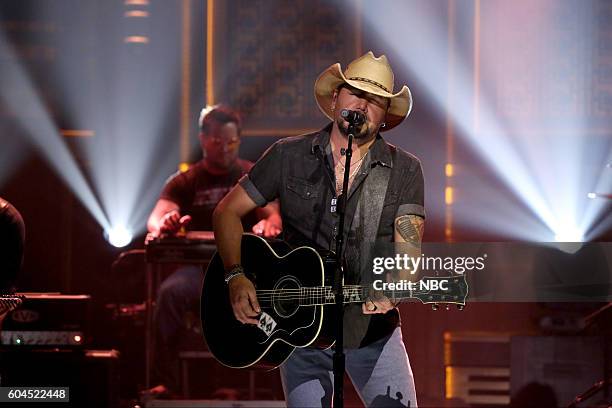 Episode 0532 -- Pictured: Musical guest Jason Aldean performs on September 13, 2016 --