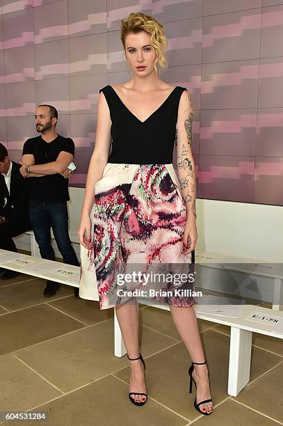 Model Ireland Baldwin attends the Monique Lhuillier - Front Row & Backstage - September 2016 New York Fashion Week Show at the IAC Building on...