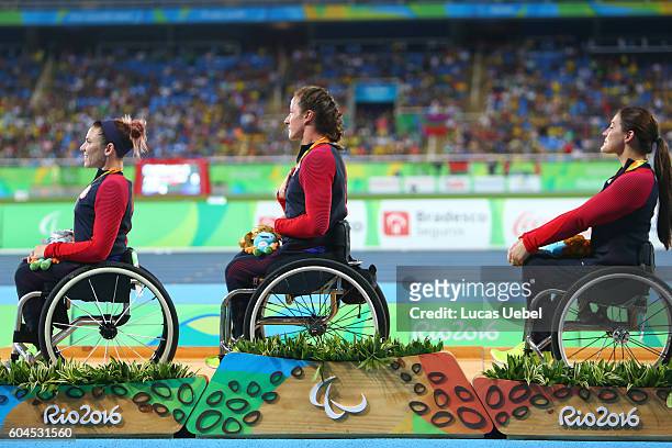 Silver medalist Amanda McGrory of United States, gold medalist Tatyana McFadden of United States and bronze medalist Chelsea McClammer of United...