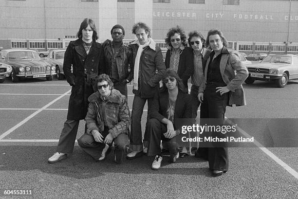 English pop group Showaddywaddy with their cars outside Filbert Street stadium, home of Leicester City Football Club, Leicester, 11th March 1976....