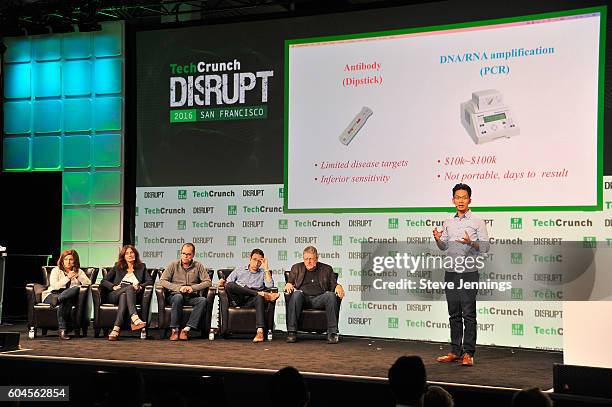 MFluidx presents a product onstage during TechCrunch Disrupt SF 2016 at Pier 48 on September 13, 2016 in San Francisco, California.