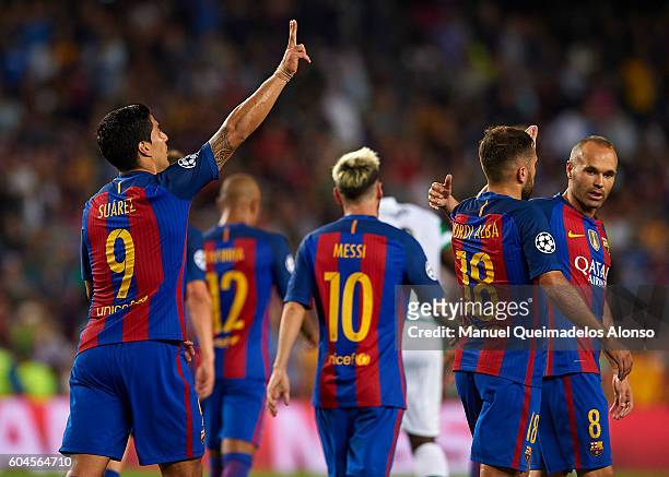 Luis Suarez of FC Barcelona celebrates scoring his team's sixth goal during the UEFA Champions League Group C match between FC Barcelona and Celtic...