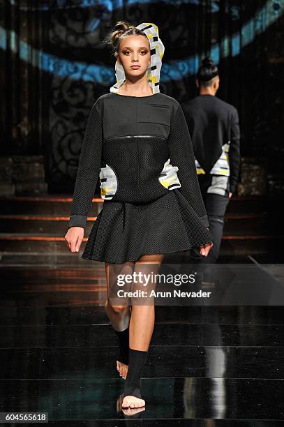 Model walks the runway wearing ZAMP by Zampolini at Art Hearts Fashion NYFW The Shows presented by AIDS Healthcare Foundation at The Angel Orensanz...