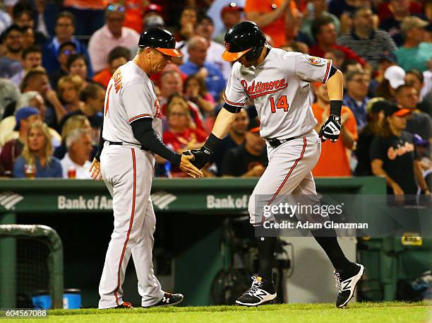 Nolan Reimold of the Baltimore Orioles rounds the bases after hitting a two-run home run in the second inning of a game against the Boston Red Sox at...