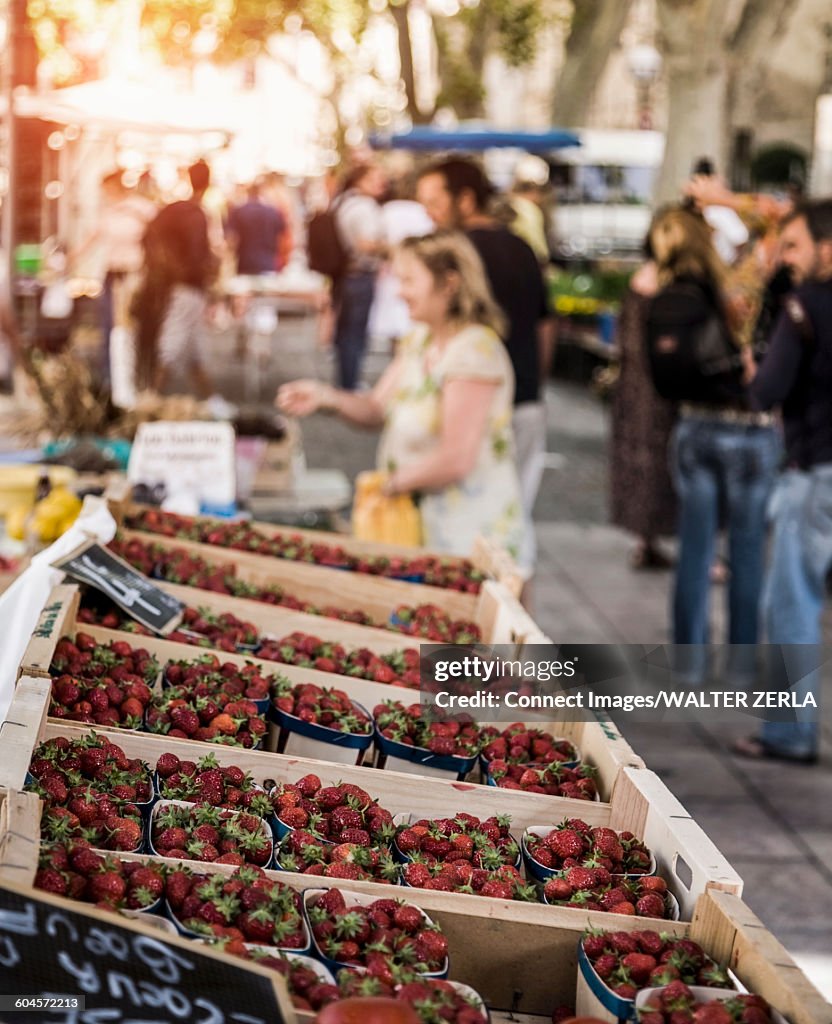 Strawberries on fruit and veg stall in market place, Avignon, Provence, France