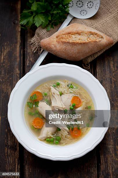 dish of chicken soup - chicken soup stock pictures, royalty-free photos & images