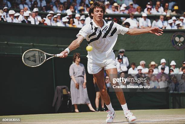 Michael Stich of Germany during the Men's Singles Final of the Wimbledon Lawn Tennis Championship against Boris Becker on 7 July 1991 at the All...