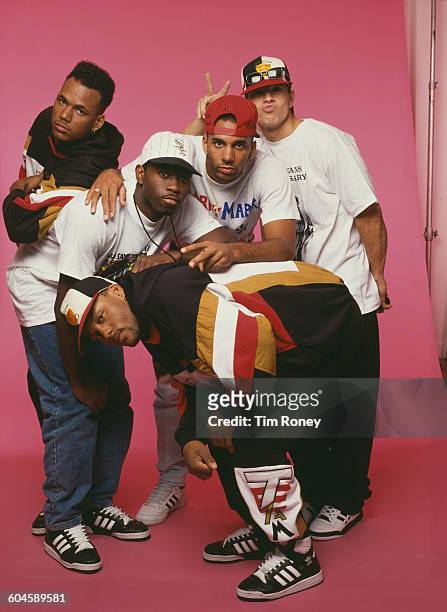 American hip hop group Marky Mark and the Funky Bunch, circa 1990. They are Mark Wahlberg, Scott Ross , Hector Barros , Terry Yancey , and Anthony...