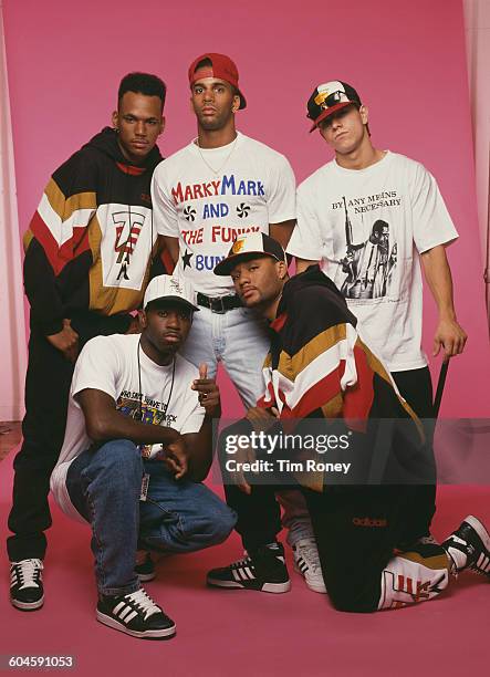 American hip hop group Marky Mark and the Funky Bunch, circa 1990. They are Mark Wahlberg, Scott Ross , Hector Barros , Terry Yancey , and Anthony...