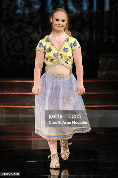 Model Madeline Stuart walks the runway wearing Rutu Bhonsle' at Art Hearts Fashion NYFW The Shows presented by AIDS Healthcare Foundation at The...