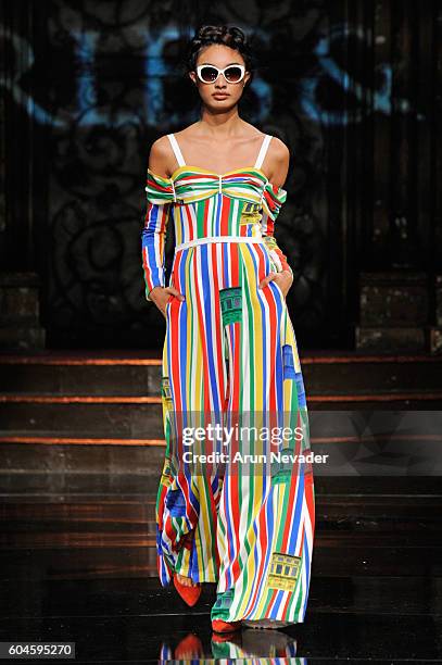 Model walks the runway wearing Charles and Ron at Art Hearts Fashion NYFW The Shows presented by AIDS Healthcare Foundation at The Angel Orensanz...