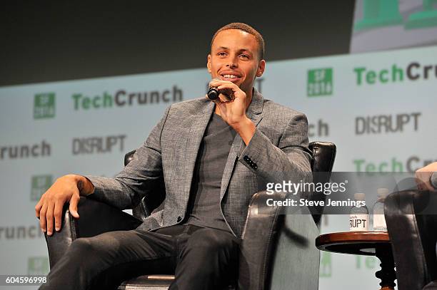 Player Steph Curry speaks onstage during TechCrunch Disrupt SF 2016 at Pier 48 on September 13, 2016 in San Francisco, California.