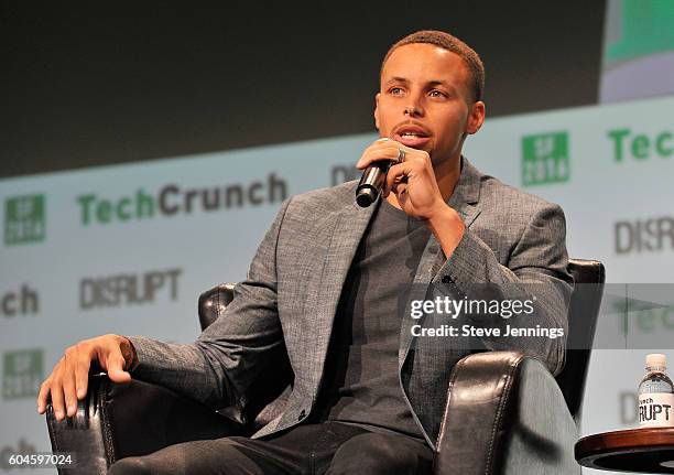 Player Steph Curry speaks onstage during TechCrunch Disrupt SF 2016 at Pier 48 on September 13, 2016 in San Francisco, California.