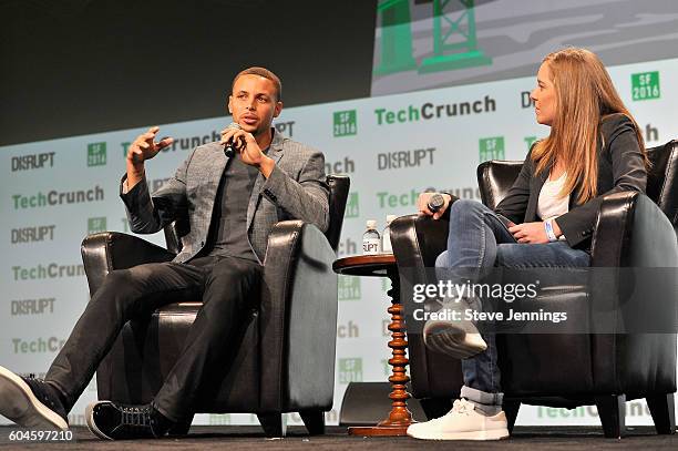 Player Steph Curry and Senior Writer at TechCrunch Jordan Crook speak onstage during TechCrunch Disrupt SF 2016 at Pier 48 on September 13, 2016 in...