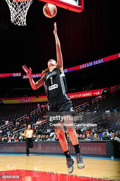 Haley Peters of the San Antonio Stars shoots the ball against the Atlanta Dream on September 13, 2016 at Philips Arena in Atlanta, Georgia. NOTE TO...