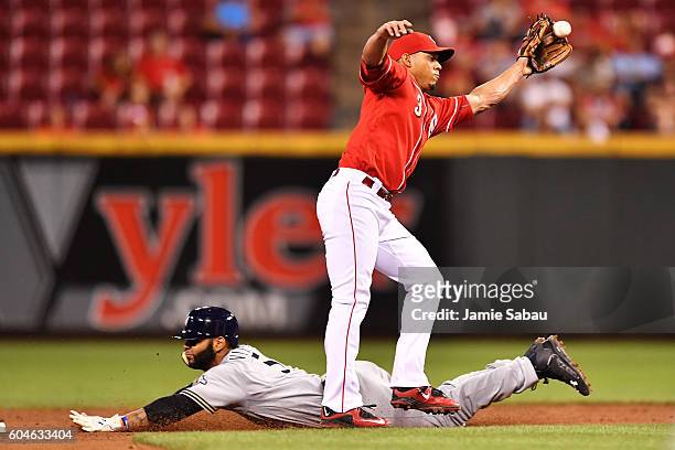 Jonathan Villar of the Milwaukee Brewers steals second base in the sixth inning as Ivan De Jesus Jr. #3 of the Cincinnati Reds takes the throw from...