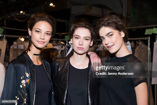 Models prepare backstage at the Dennis Basso fashion show during September 2016 New York Fashion Week: The Shows at The Arc, Skylight at Moynihan...