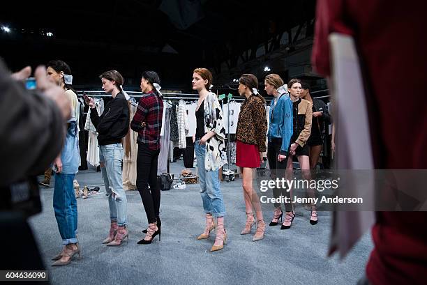 Models prepare backstage at the Dennis Basso fashion show during September 2016 New York Fashion Week: The Shows at The Arc, Skylight at Moynihan...