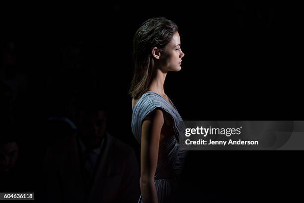 Model walks the runway during the Dennis Basso fashion show during September 2016 New York Fashion Week: The Shows at The Arc, Skylight at Moynihan...