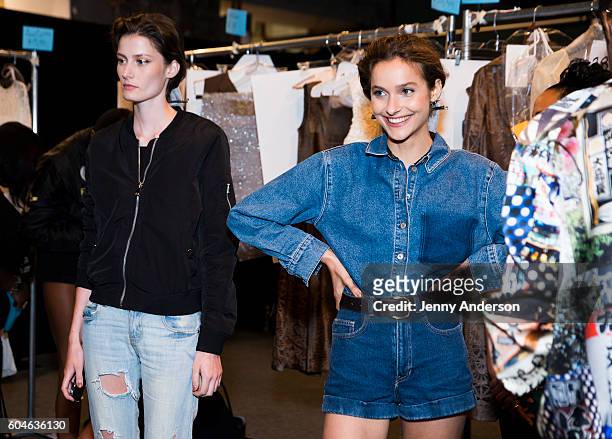 Models prepare backstage at the Dennis Basso fashion show during September 2016 New York Fashion Week: The Shows at The Arc, Skylight at Moynihan...